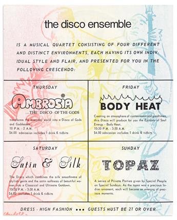 (ENTERTAINMENT--MUSIC.) Large group of disco club fliers, tickets, and cards.